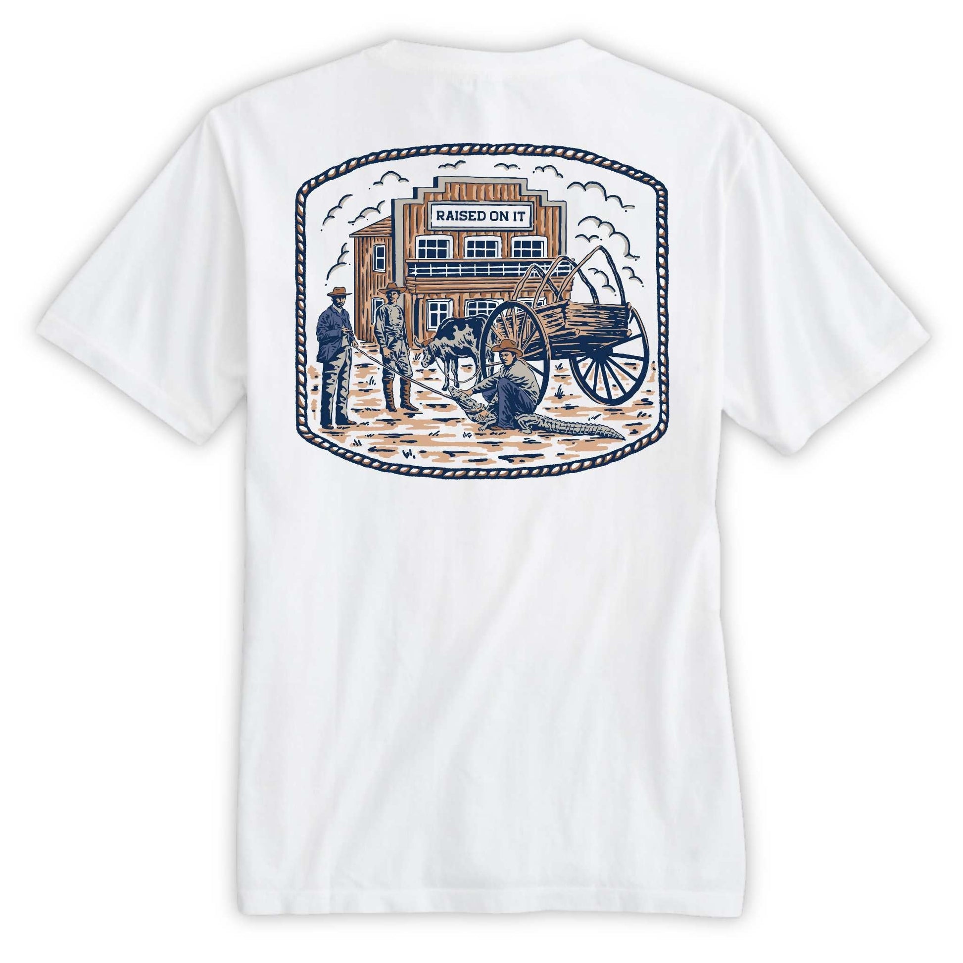 Florida Cowboy tee back print — vintage Orlando storefront scene with Bunk Baxter wrestling an alligator, navy and tan inks on white