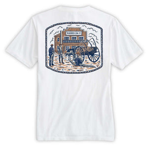 Florida Cowboy tee back print — vintage Orlando storefront scene with Bunk Baxter wrestling an alligator, navy and tan inks on white