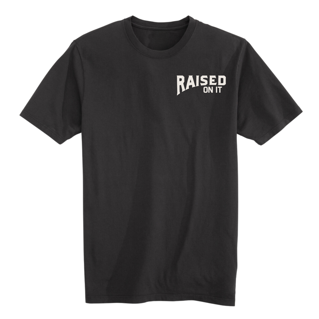 Florida Sportsman Tee in black — front view with Raised On It left-chest logo