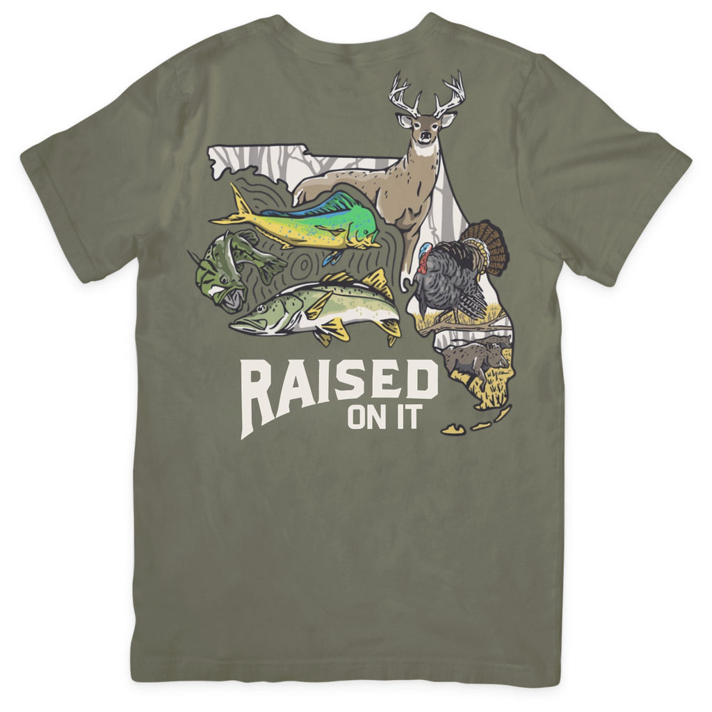 Florida Sportsman Tee in olive — full back print: buck, turkey, hog, bass, snook and mahi in the Florida state outline