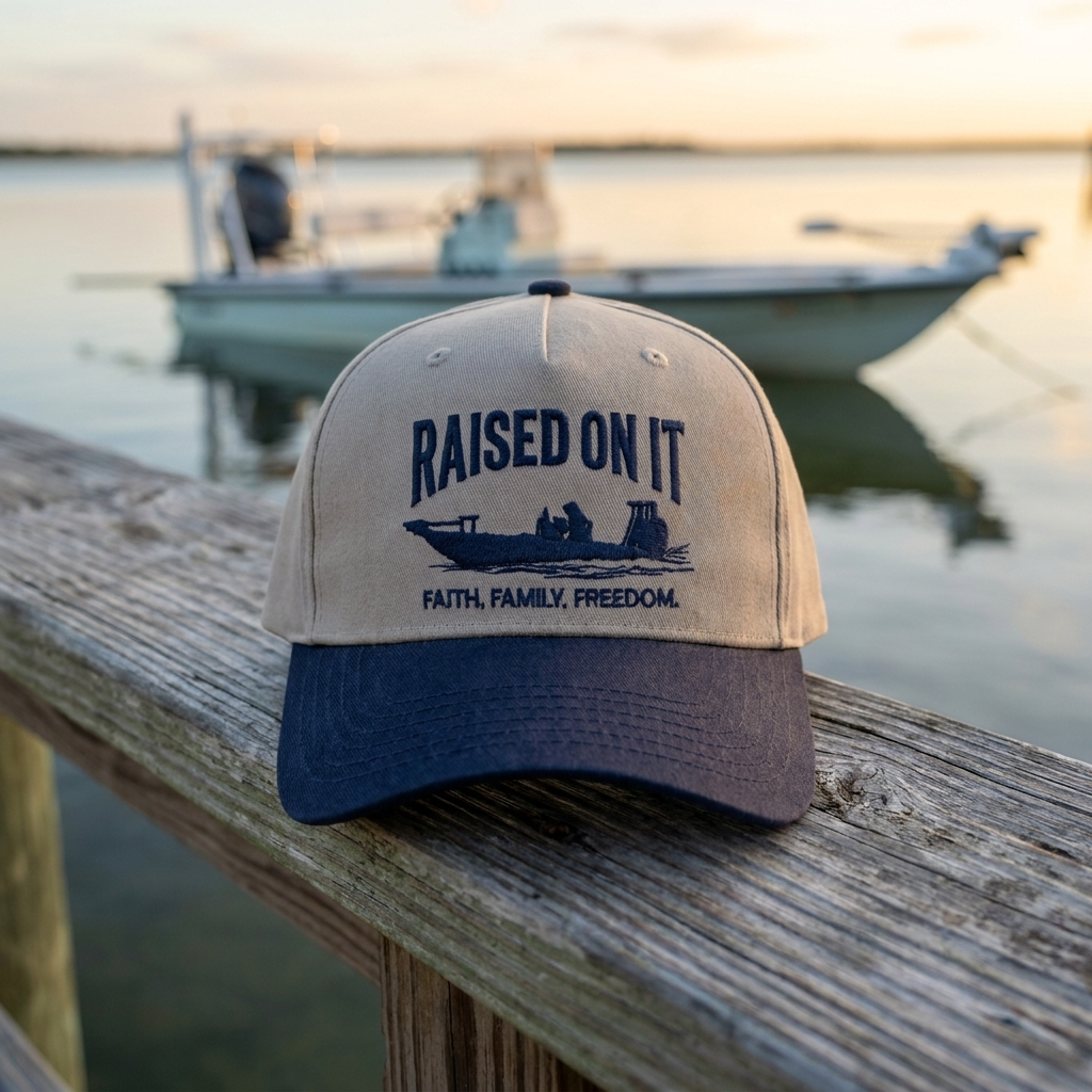 Outboard Legacy Skiff hat on a weathered dock rail with a flats skiff on glassy water behind