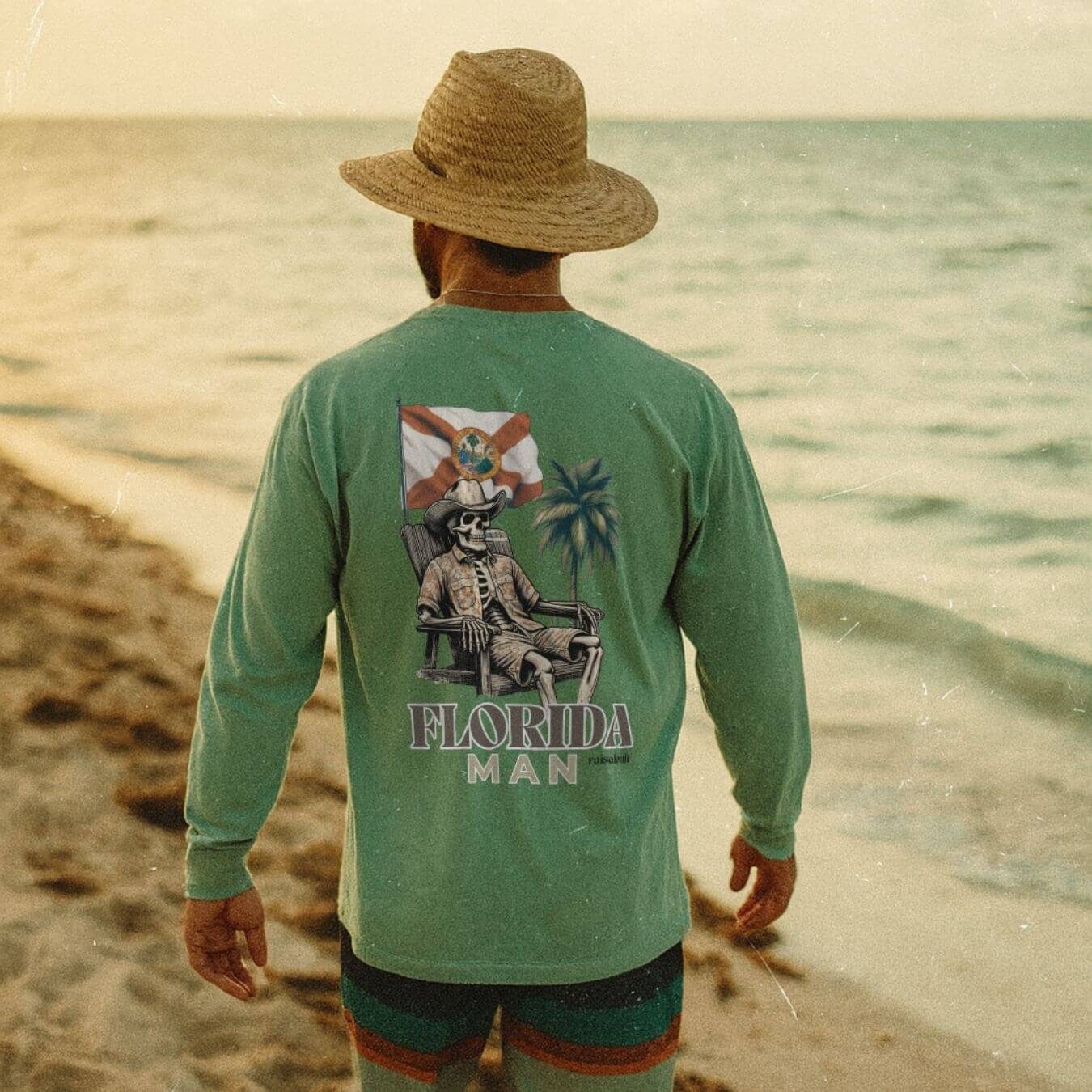 Florida Man Beach Skeleton | FL Green | Unisex Long Sleeve Comfort Tee