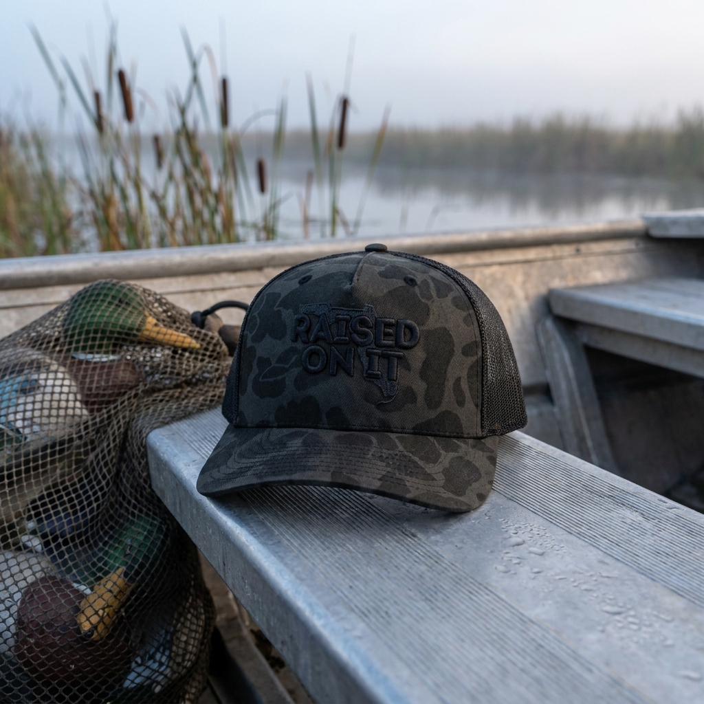 Subdued Camo Florida Logo trucker hat on a duck boat bench beside a bag of mallard decoys in the misty marsh at dawn
