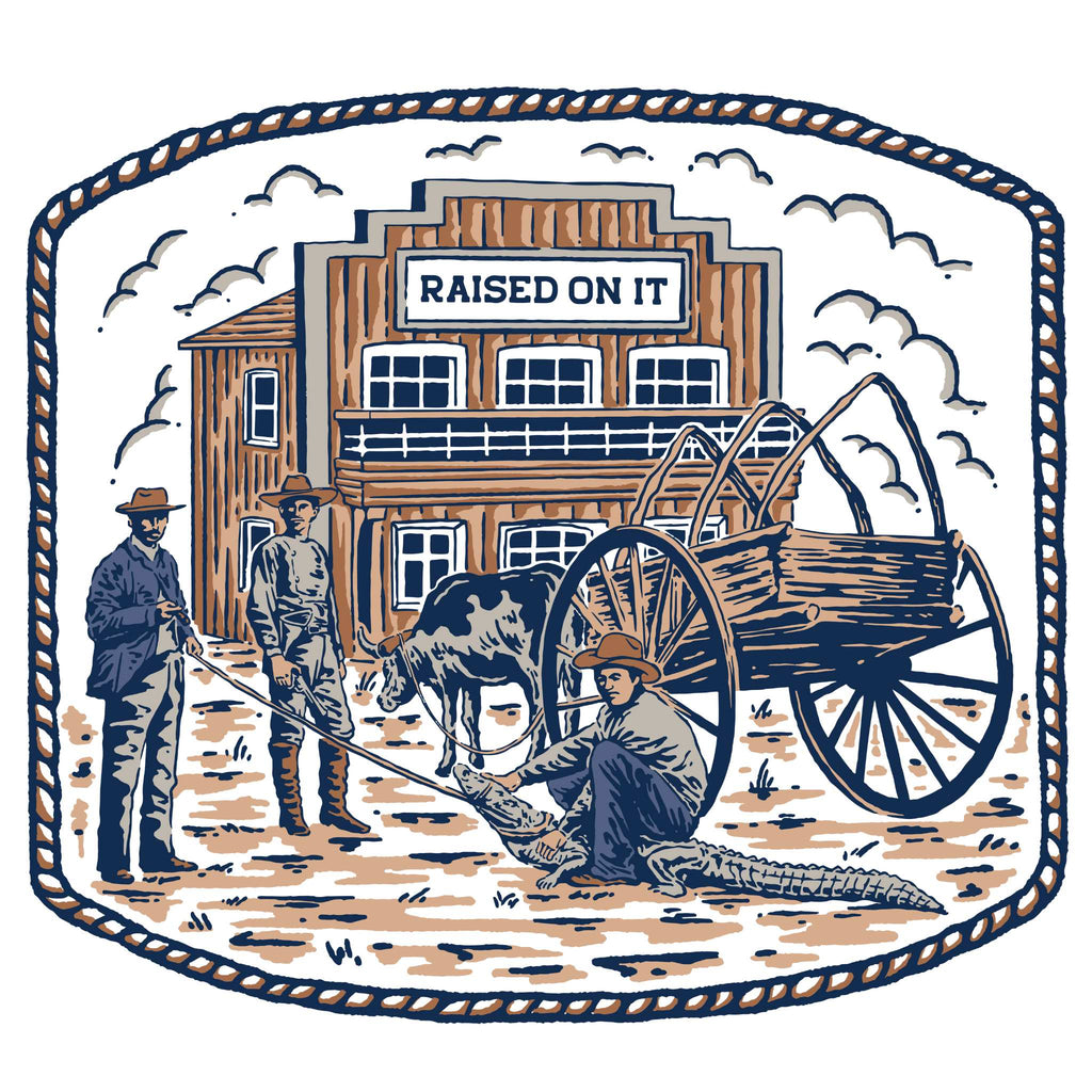 The Florida Cowboy artwork — Bunk Baxter street scene illustration with rope border