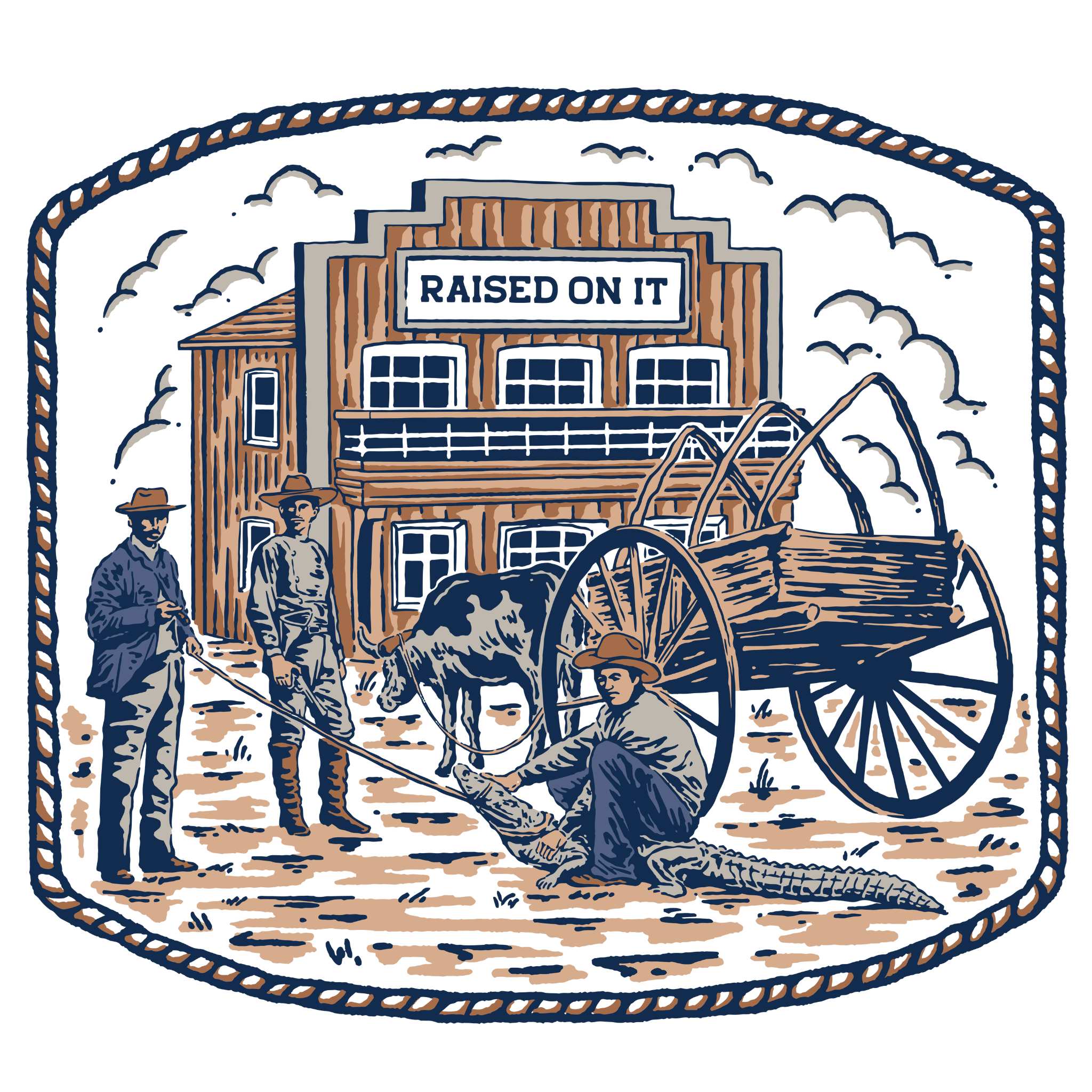 The Florida Cowboy artwork — Bunk Baxter street scene illustration with rope border