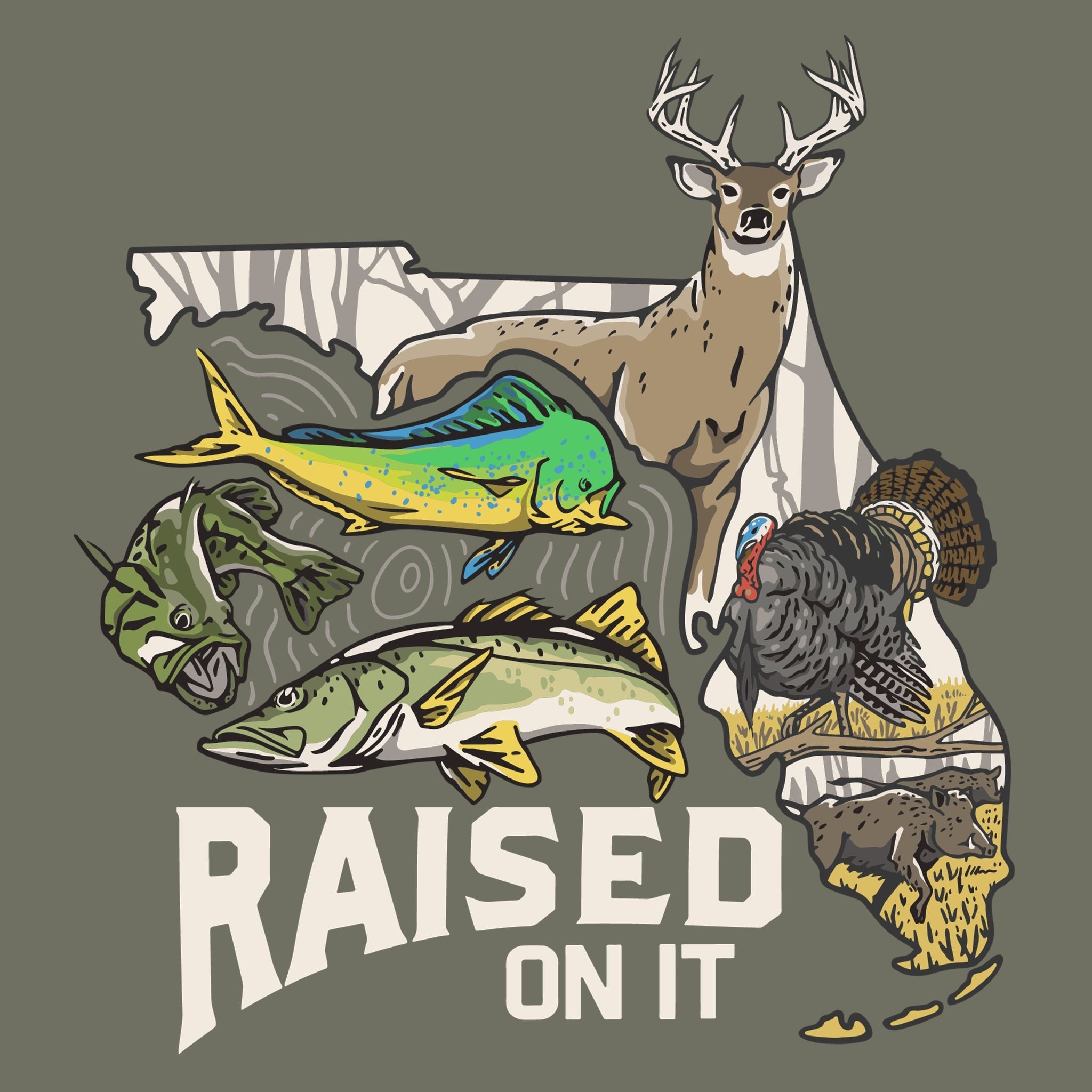 Florida Sportsman print artwork detail — buck, turkey, hog, bass, snook and mahi in the Florida state shape