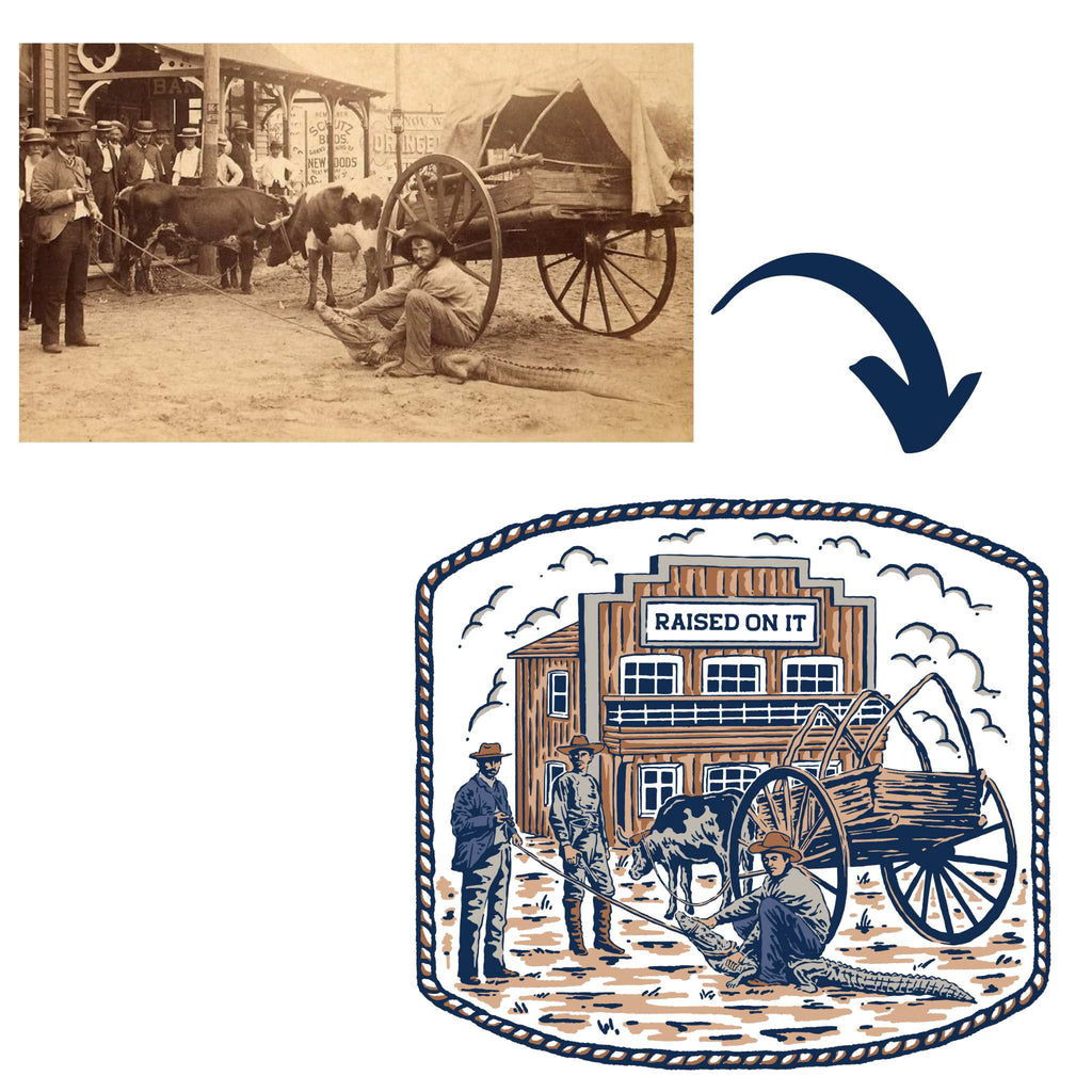 From the 1880s photograph to the Florida Cowboy tee artwork — original photo and illustration side by side