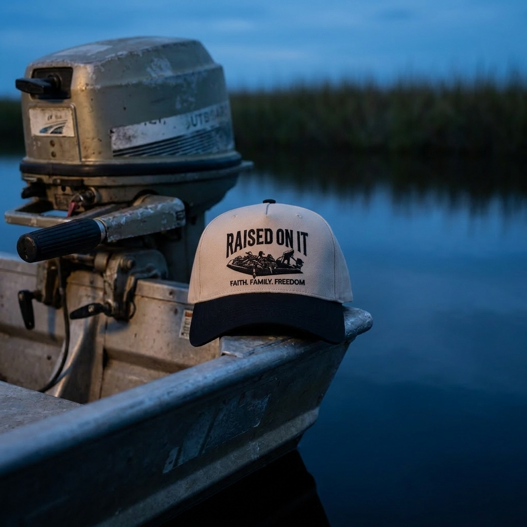 Outboard Legacy Mudboat Black hat resting on a jon boat gunwale beside a vintage outboard at blue-hour dusk