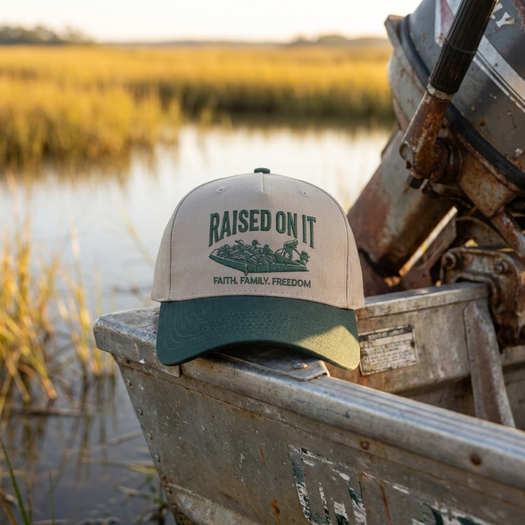 Outboard Legacy Mudboat hat on the bow of an aluminum jon boat, golden marsh light behind