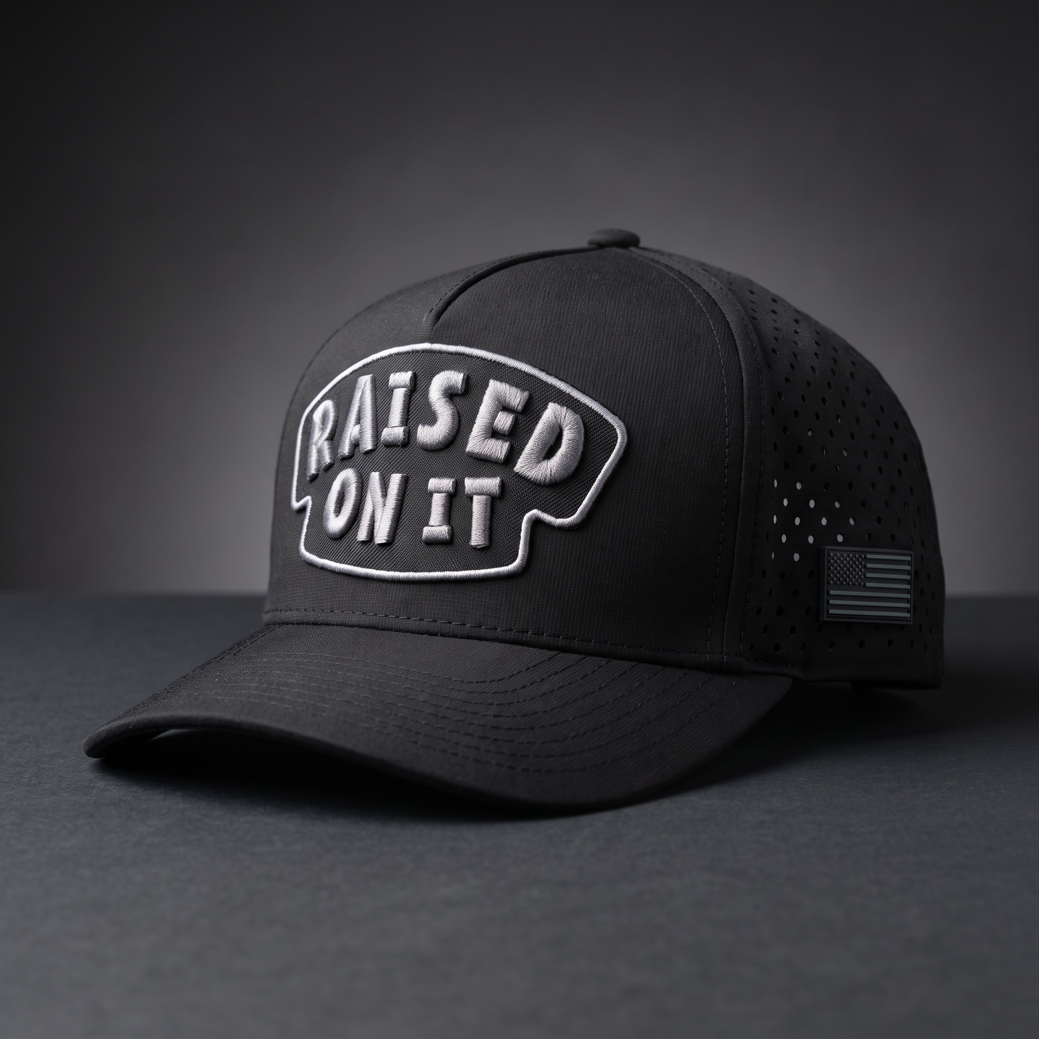 Raised On It America 250 Blackout performance hat, lifestyle