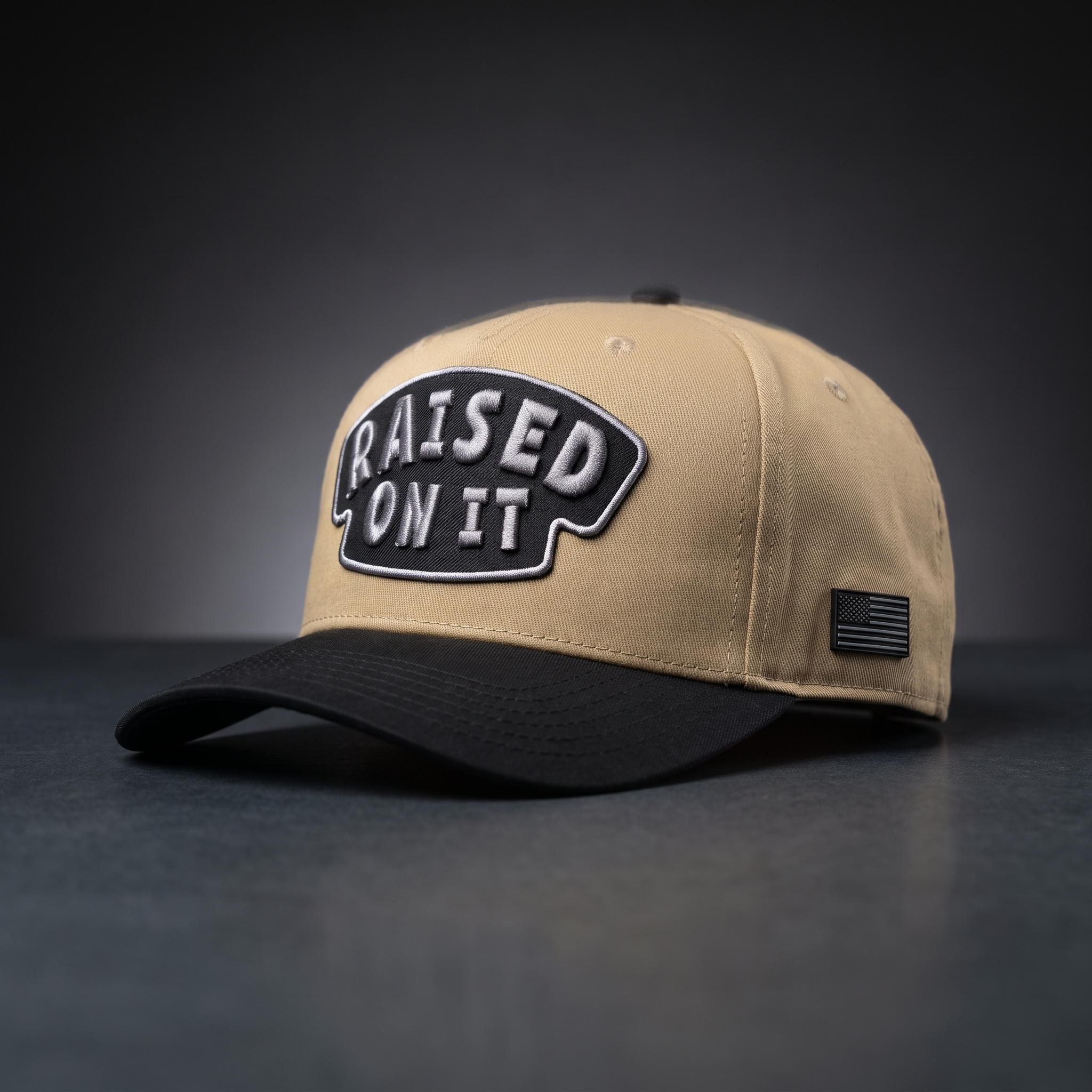 Raised On It America 250 tan snapback hat, lifestyle