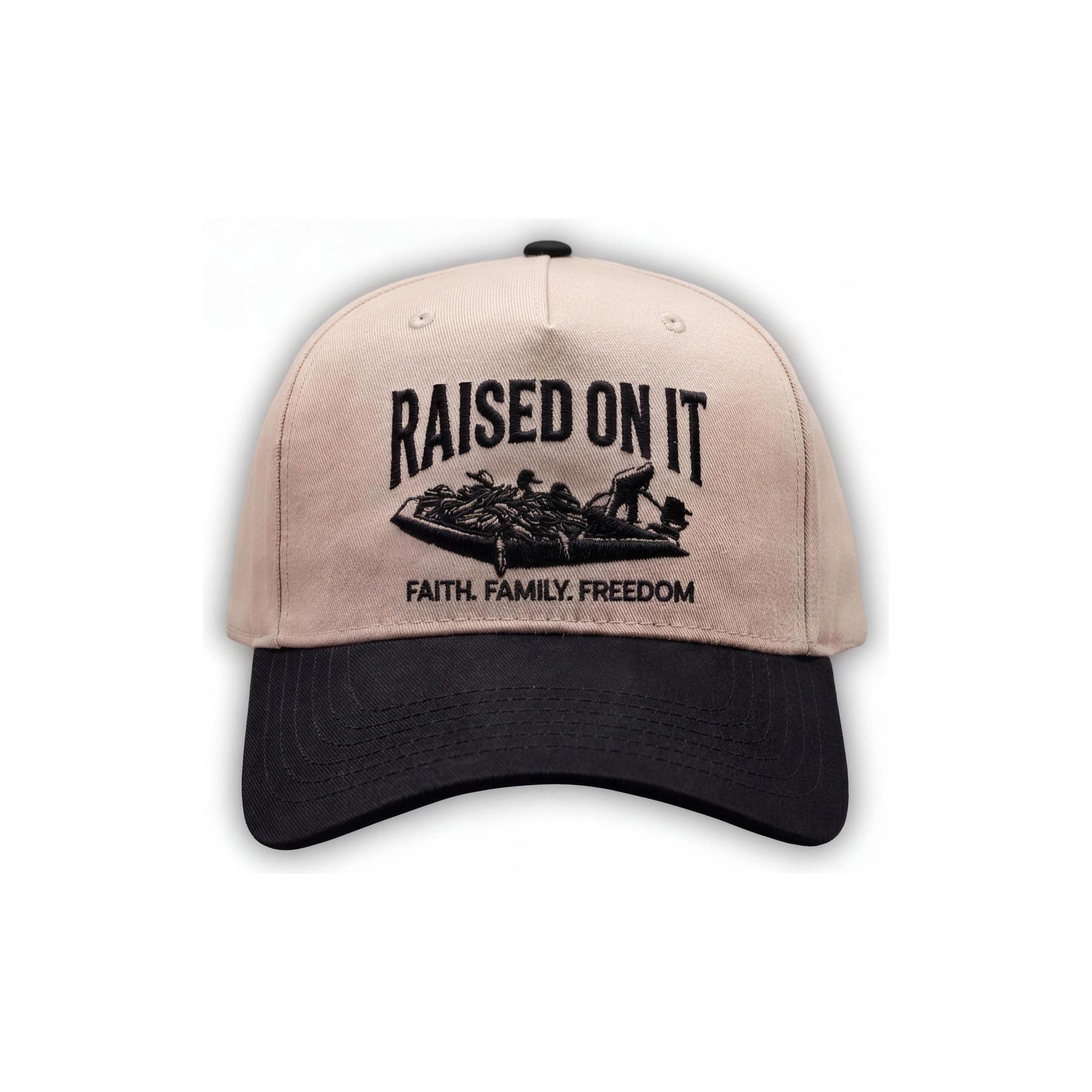 Outboard Legacy Hat in Mudboat Black (black brim, black stitch) with embroidered Raised On It mud boat logo and Faith Family Freedom