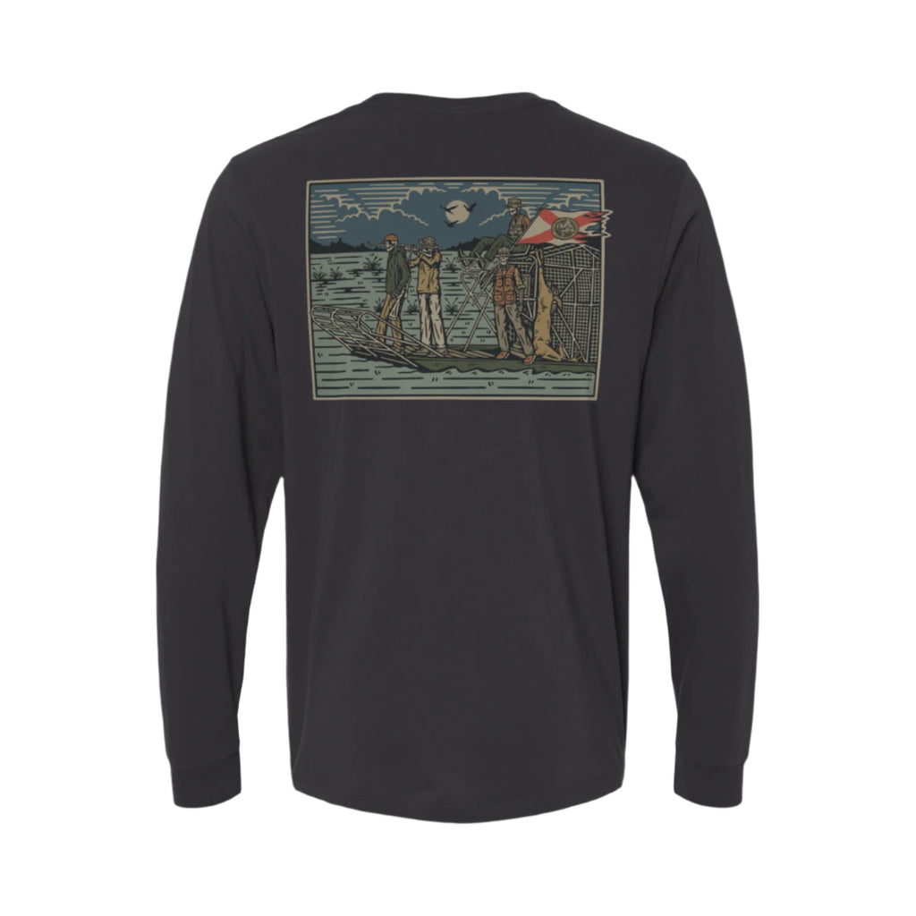 Black long-sleeve shirt with a graphic of on an airboat, three Florida hunters, and Florida flag flying on the back.
