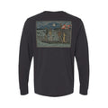 Black long-sleeve shirt with a graphic of on an airboat, three Florida hunters, and Florida flag flying on the back.