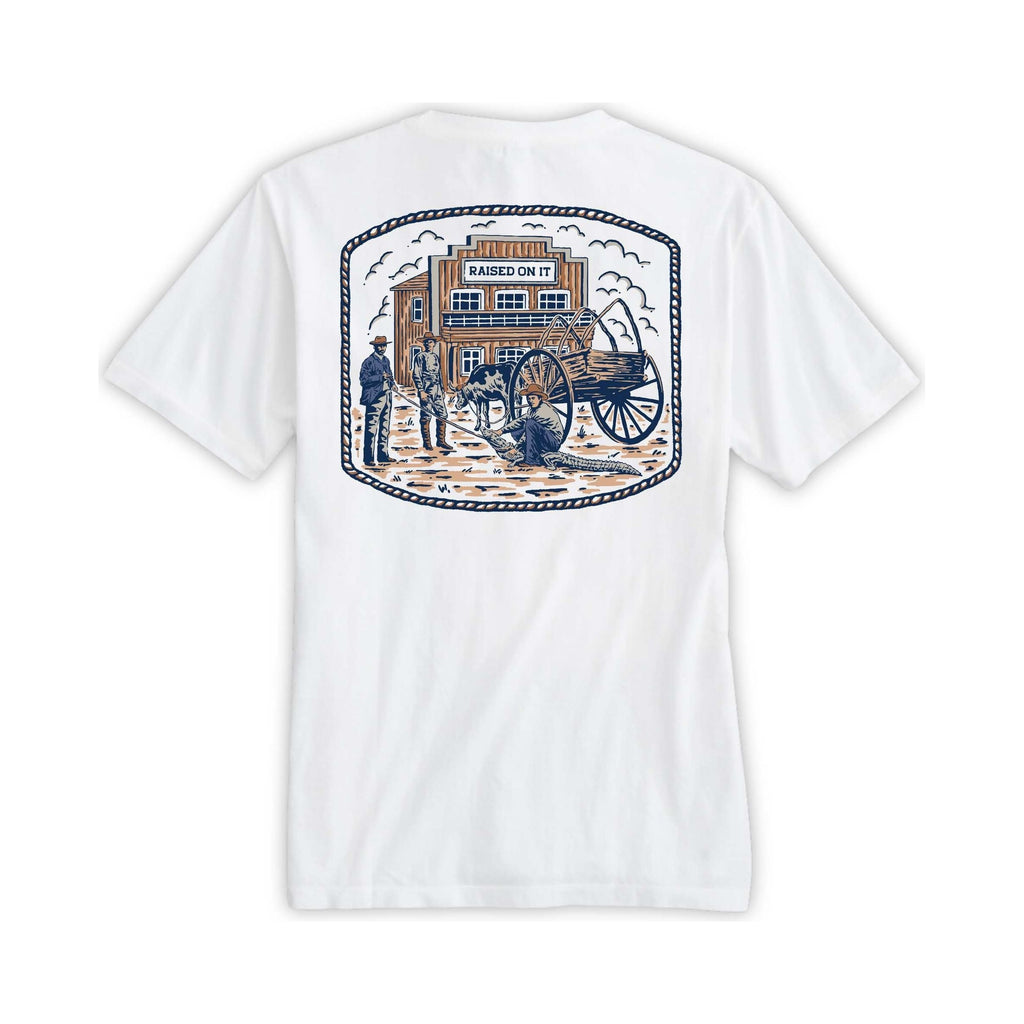 Florida Cowboy tee back print, vintage Orlando storefront scene with Bunk Baxter wrestling an alligator, navy and tan inks on white
