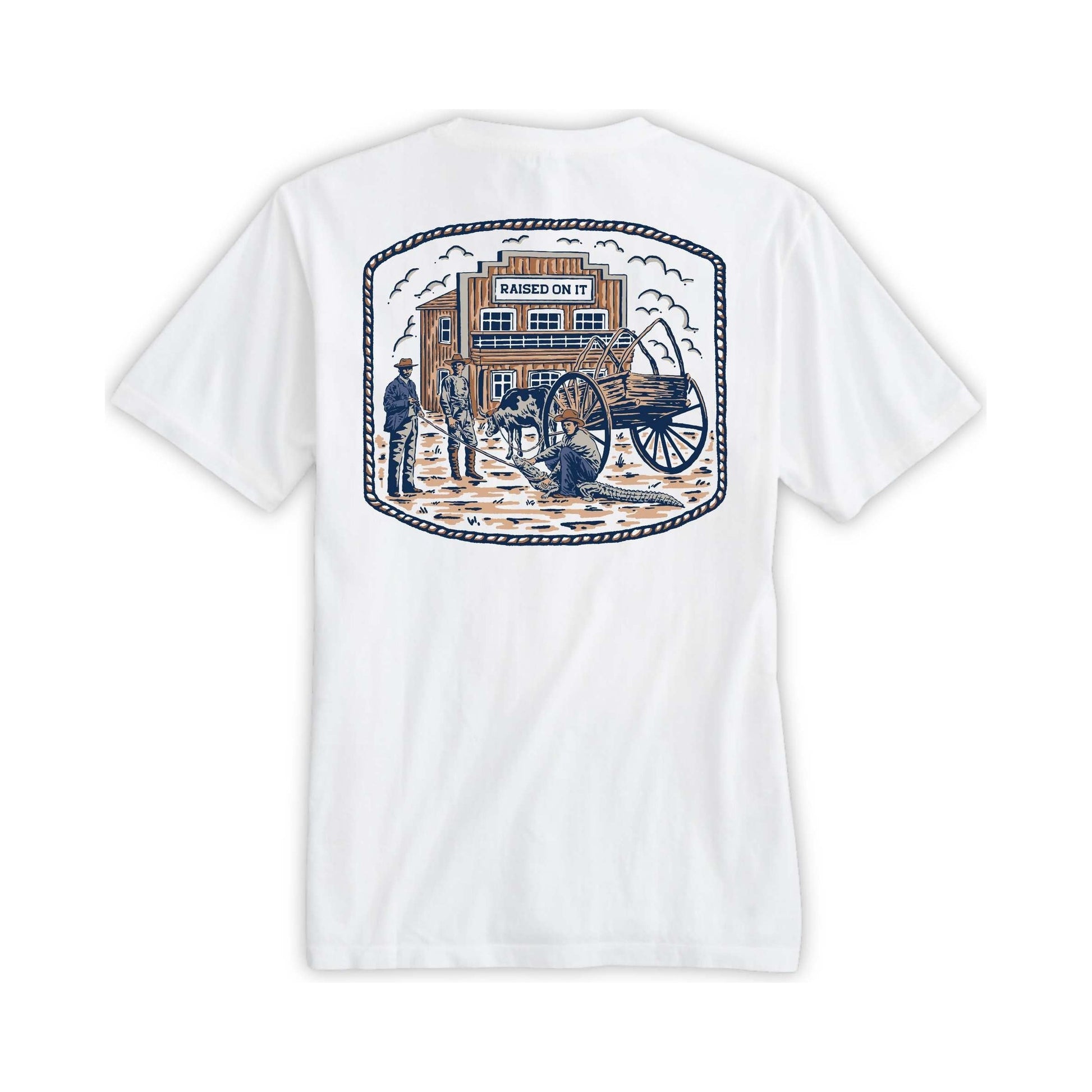 Florida Cowboy tee back print, vintage Orlando storefront scene with Bunk Baxter wrestling an alligator, navy and tan inks on white