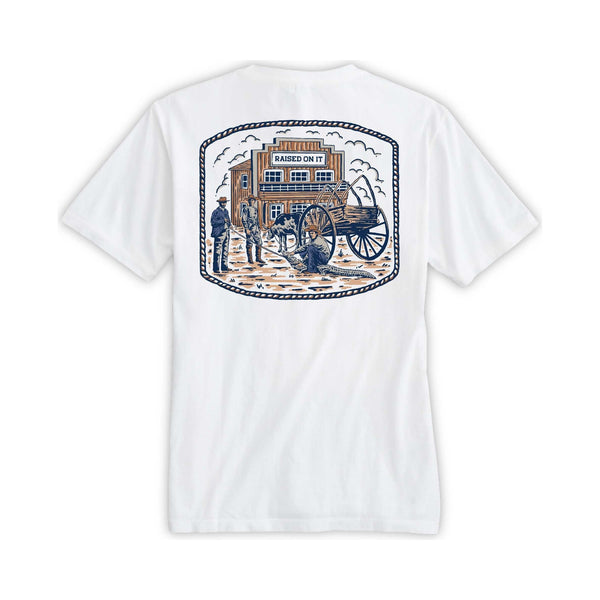 Florida Cowboy tee back print, vintage Orlando storefront scene with Bunk Baxter wrestling an alligator, navy and tan inks on white