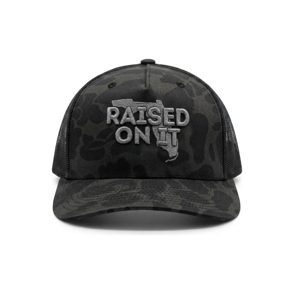 Raised On It Florida Logo embroidered trucker hat in Silver Camo (black duck camo, grey stitch)