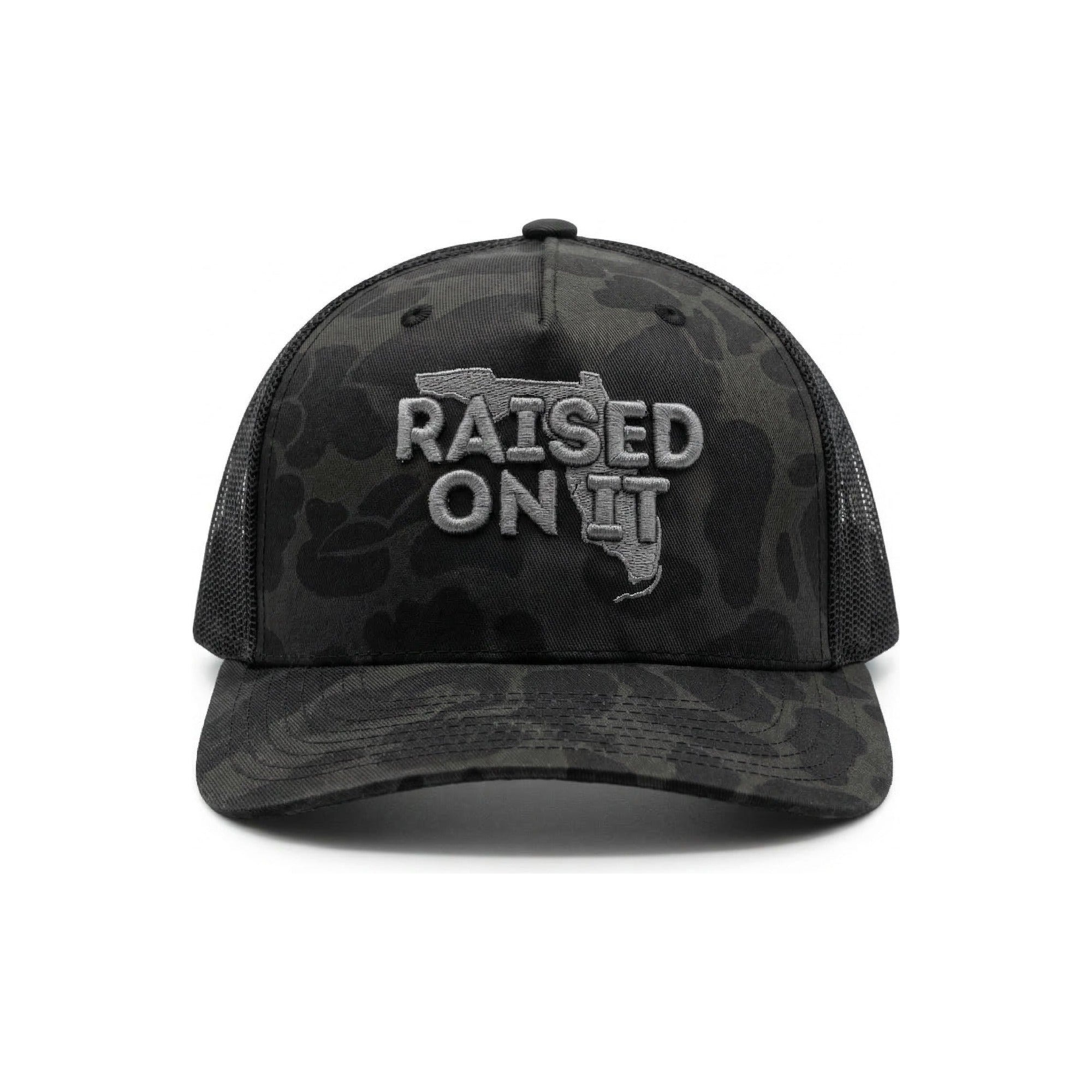 Raised On It Florida Logo embroidered trucker hat in Silver Camo (black duck camo, grey stitch)