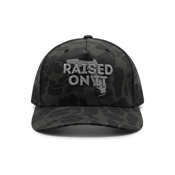 Raised On It Florida Logo embroidered trucker hat in Silver Camo (black duck camo, grey stitch)
