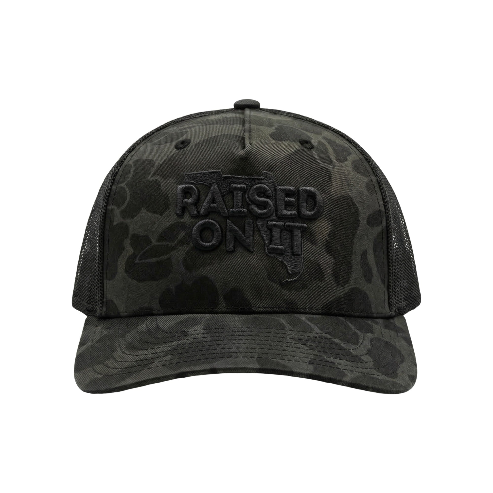 Raised On It Florida Logo embroidered trucker hat in Subdued Camo (black duck camo, black tonal stitch)