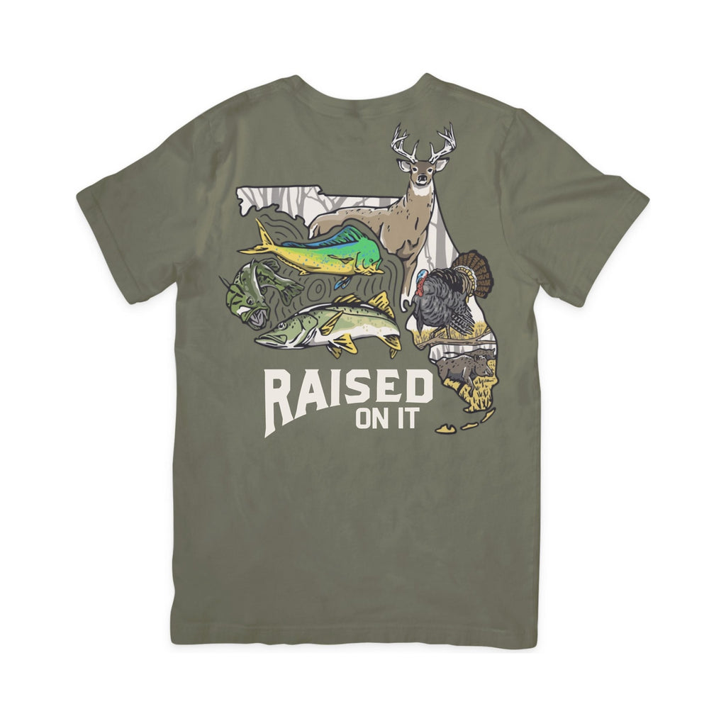 Florida Sportsman Tee in olive, full back print: buck, turkey, hog, bass, snook and mahi in the Florida state outline