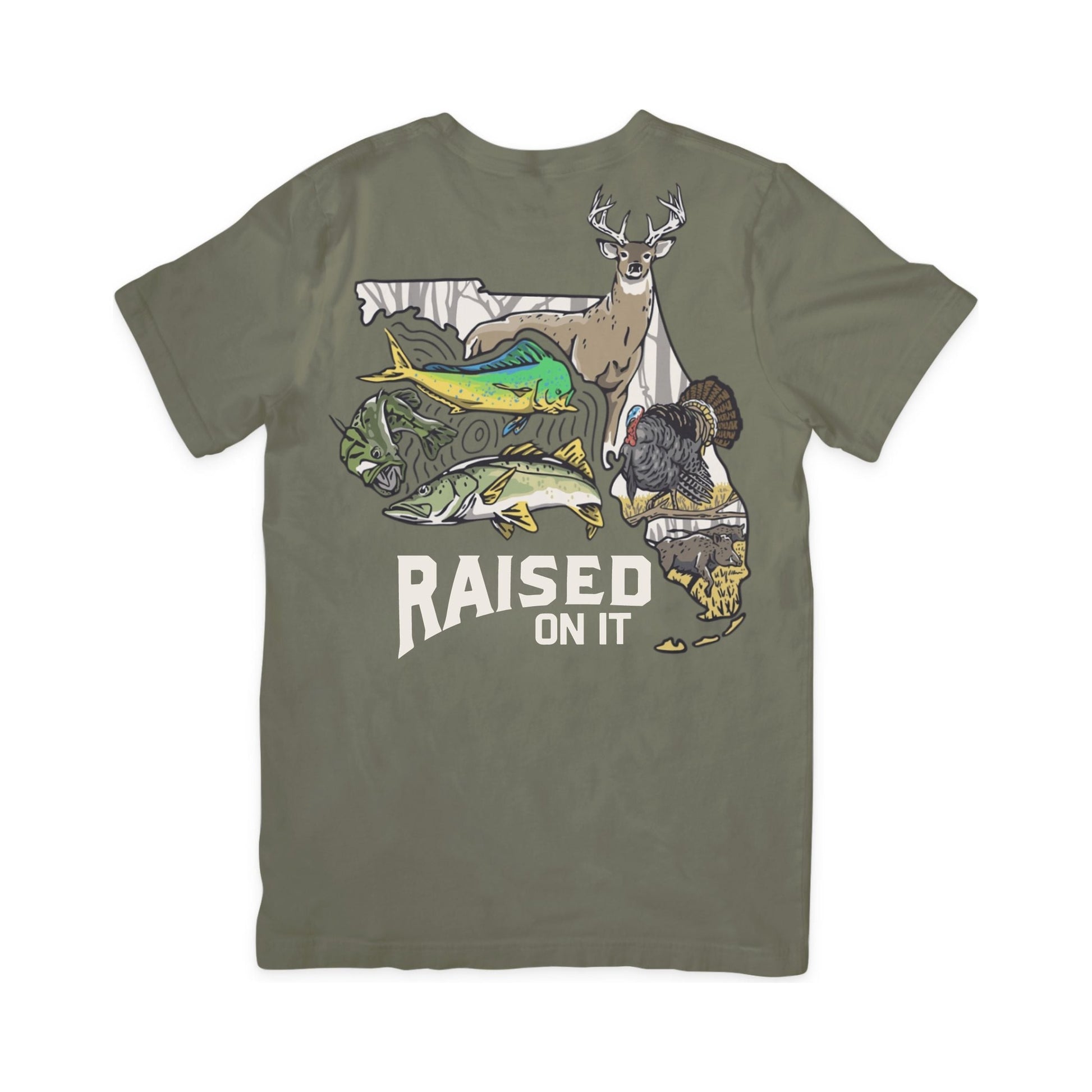 Florida Sportsman Tee in olive, full back print: buck, turkey, hog, bass, snook and mahi in the Florida state outline