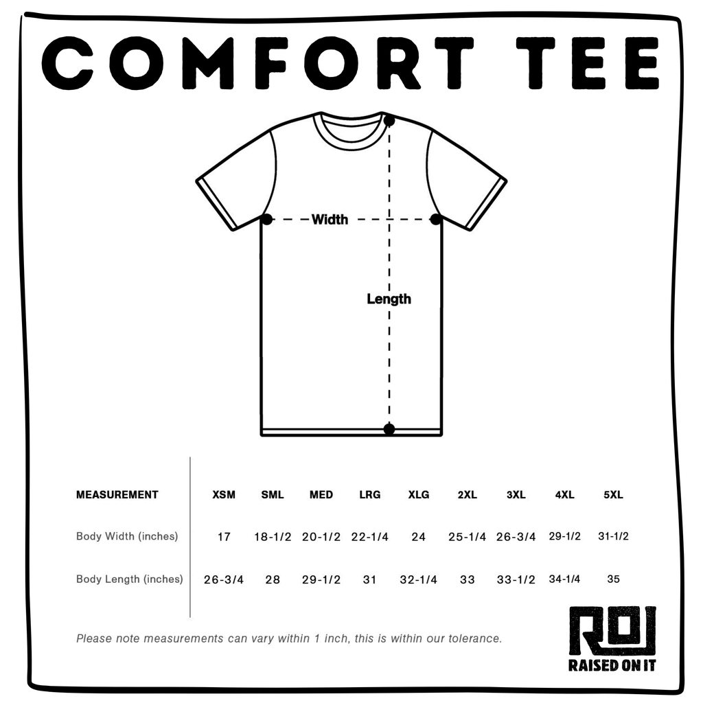 Raised On It unisex comfort tee size chart, S to 3XL measurements