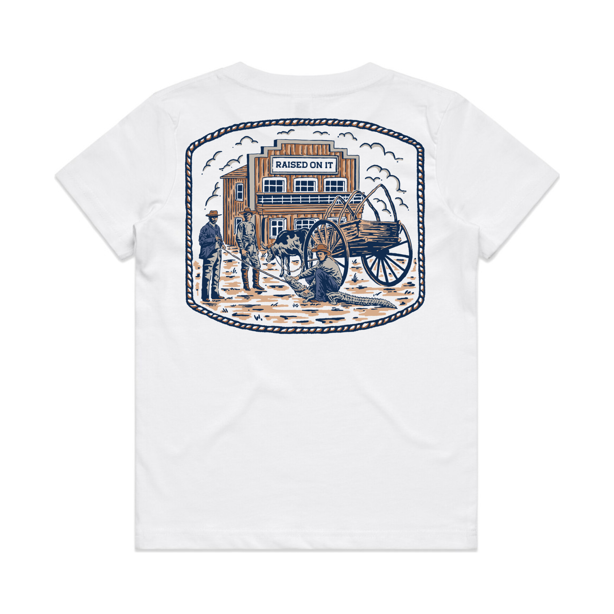 Youth Florida Cowboy Tee in white, back view with the full Bunk Baxter scene print