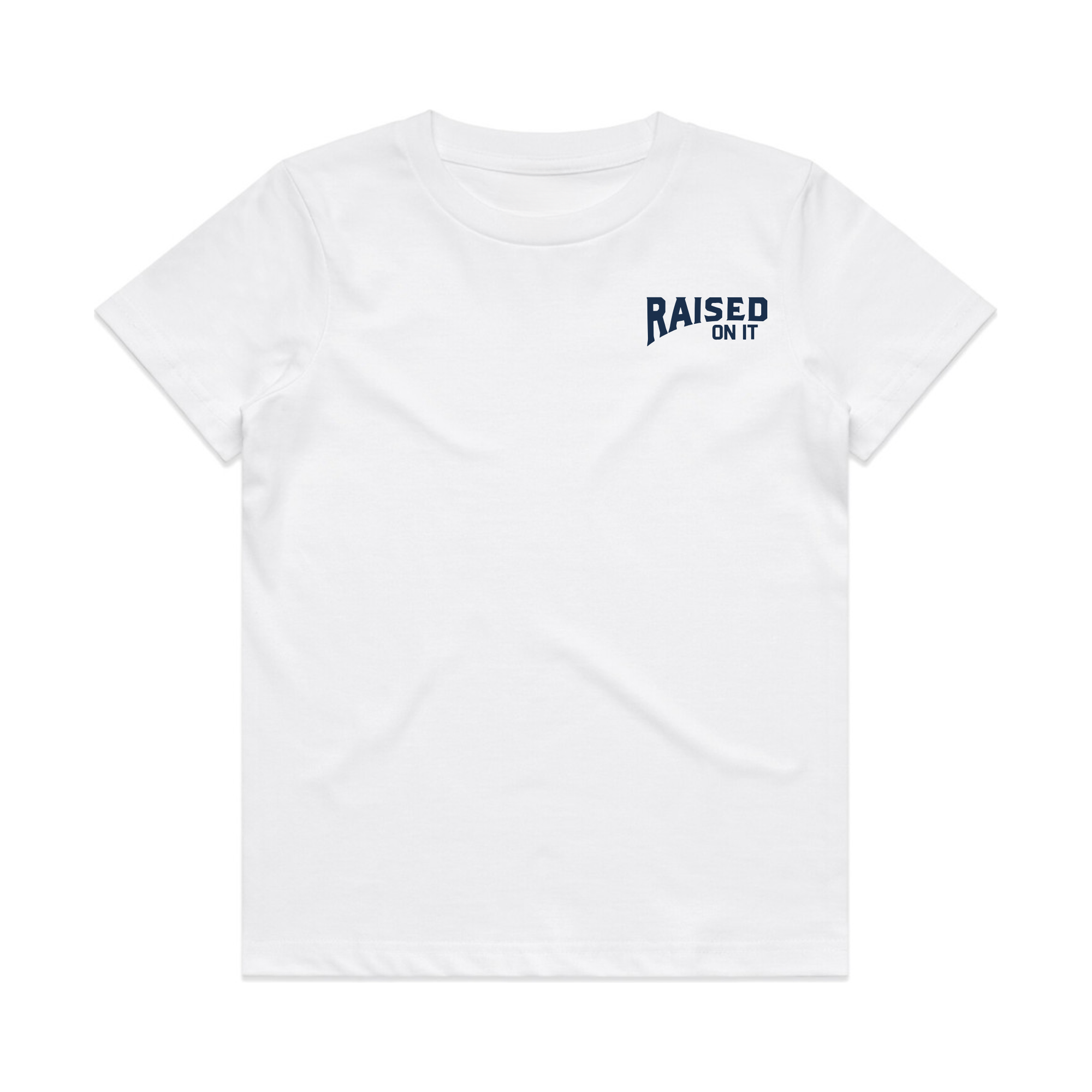Youth Florida Cowboy Tee in white, front view with small Raised On It chest logo